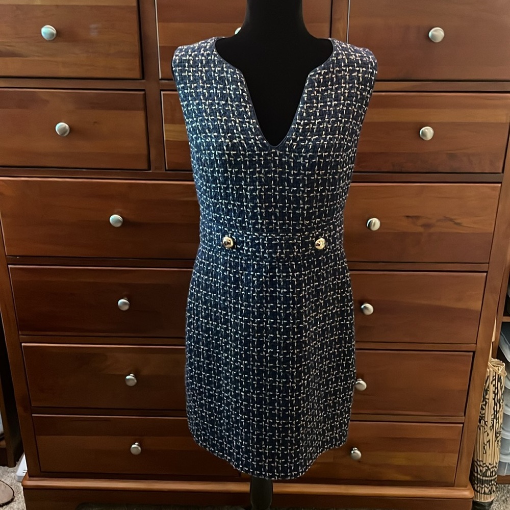 Navy and White Tweed Sleeveless Sheath Mini Dress